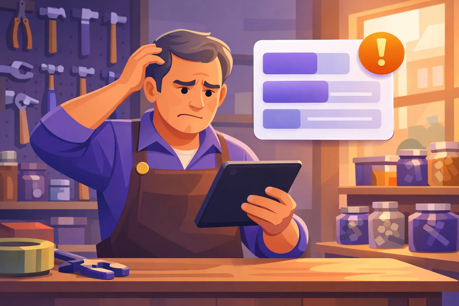 Shop owner reviewing a flagged post on his tablet at the counter