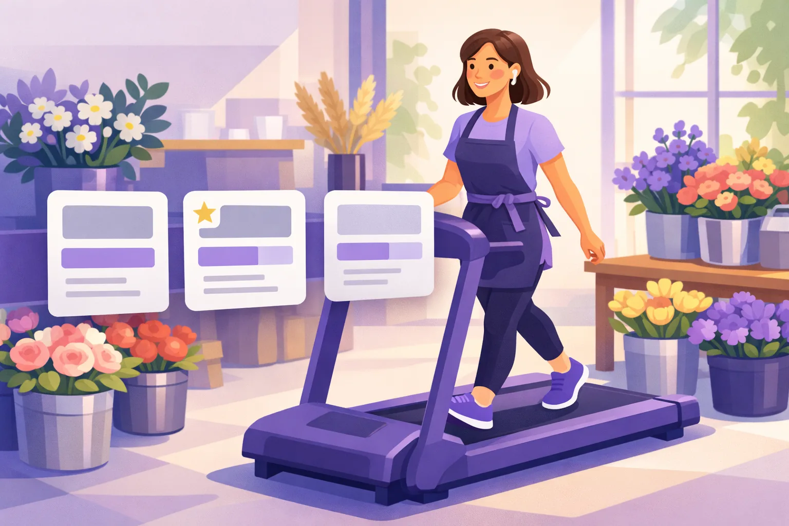 Business owner walking on a treadmill of weekly posts, keeping a steady comfortable pace