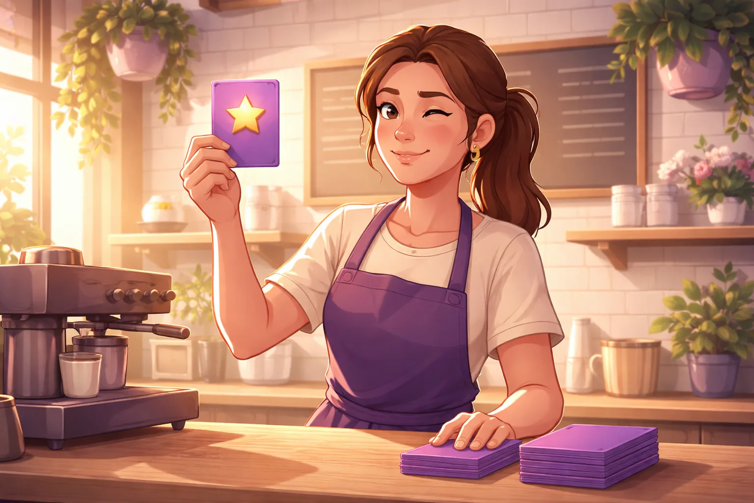 Skeptical cafe owner holding up a glowing announcement card at her counter, weighing whether posting to Google is worth it