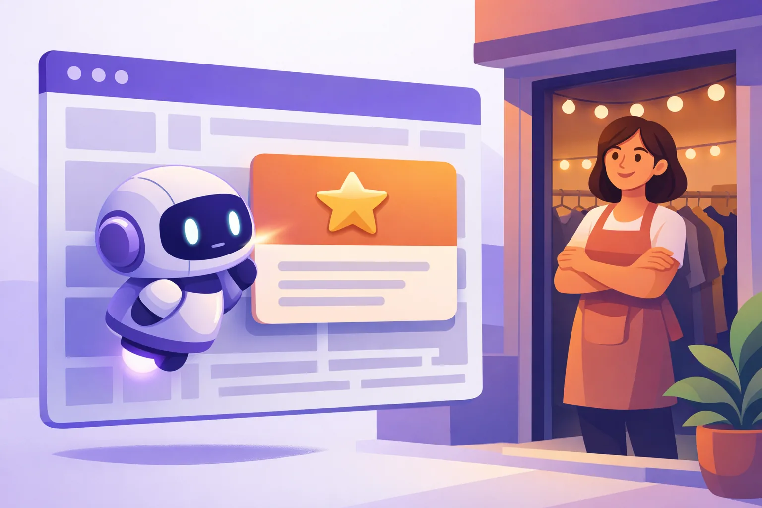 Friendly crawler robot reading review text built into a website's HTML