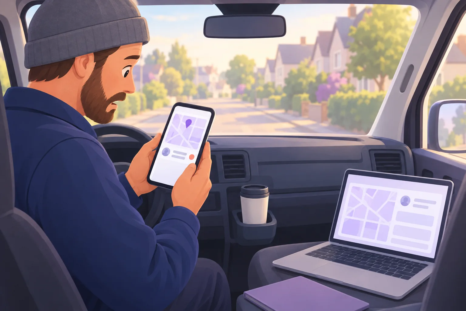 Plumber in his van cab looking at his phone where his listing ends in a coral dot