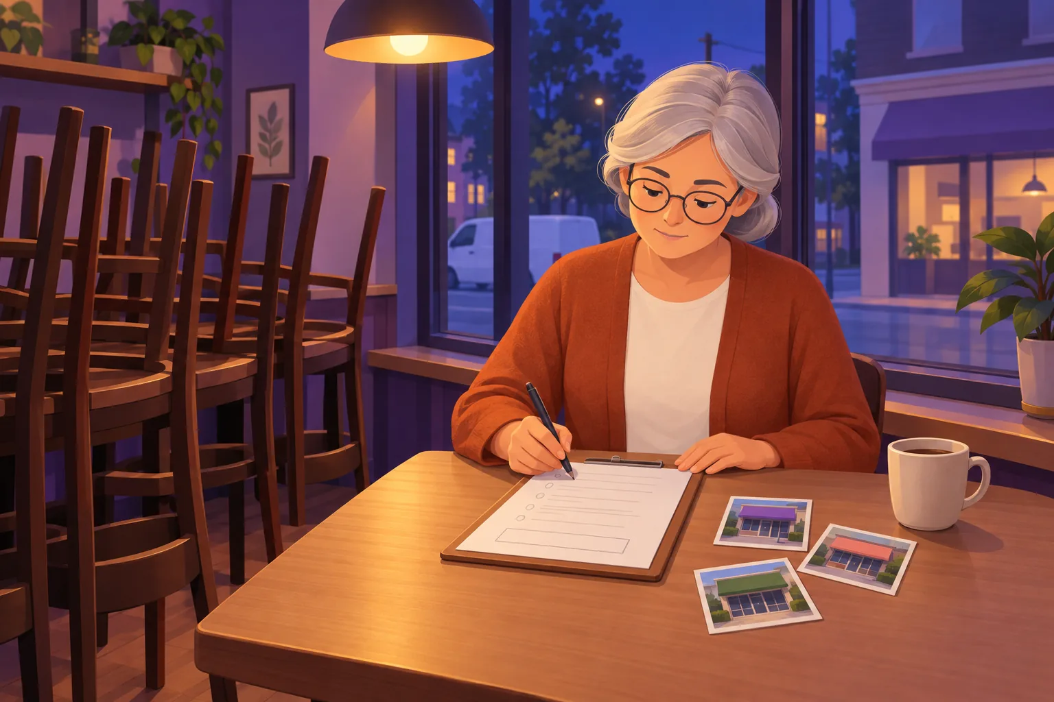 Cafe owner at a corner table after closing, filling in a paper form on a clipboard beside three storefront photos