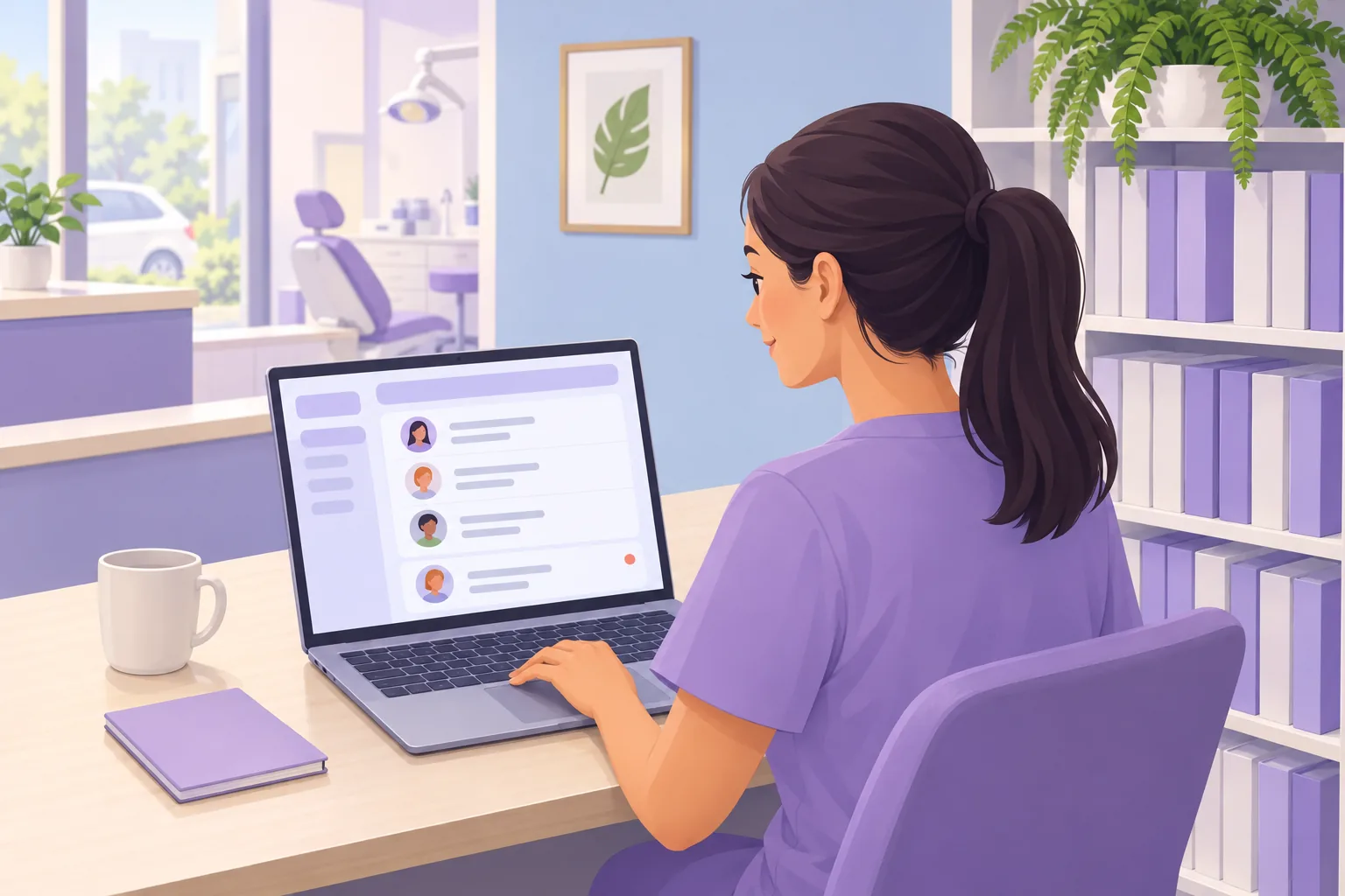 Dental office manager at reception removing one row from an access list on her laptop