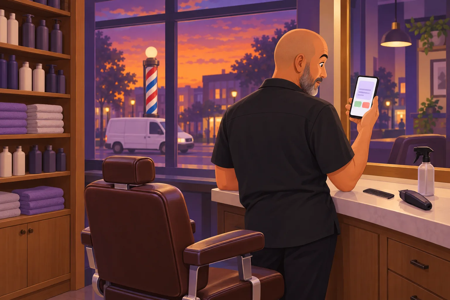 Barber at dusk reading an alert on his phone with a green and a coral button under it