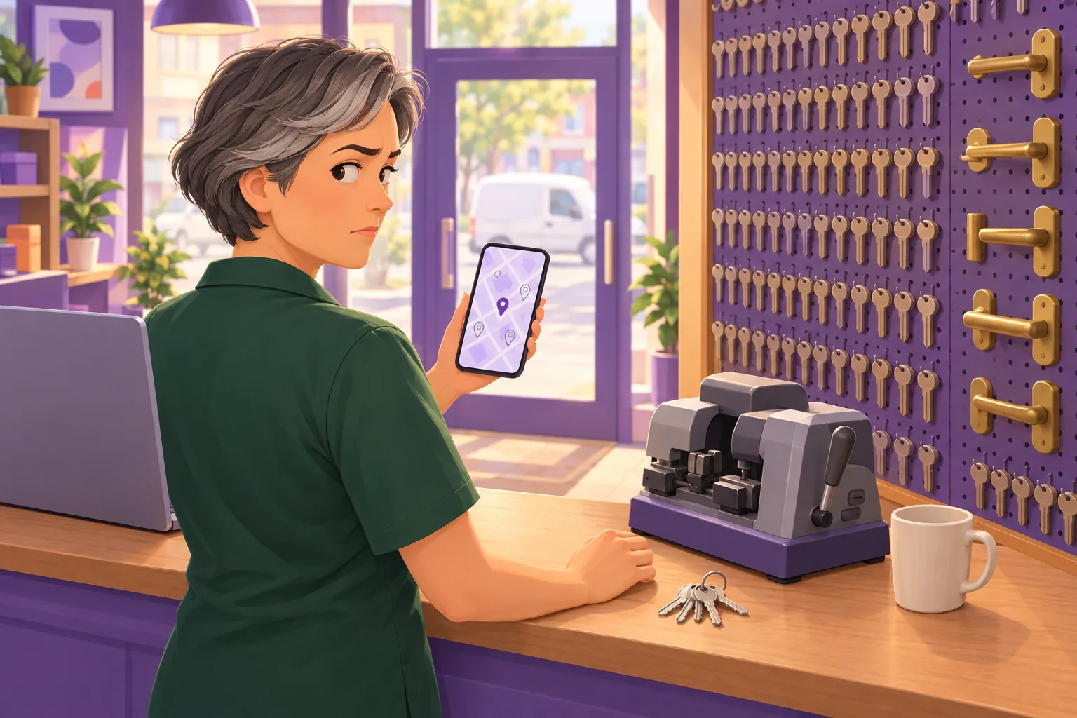 Locksmith at her shop counter frowning at a map on her phone with one solid pin and three hollow pins around it