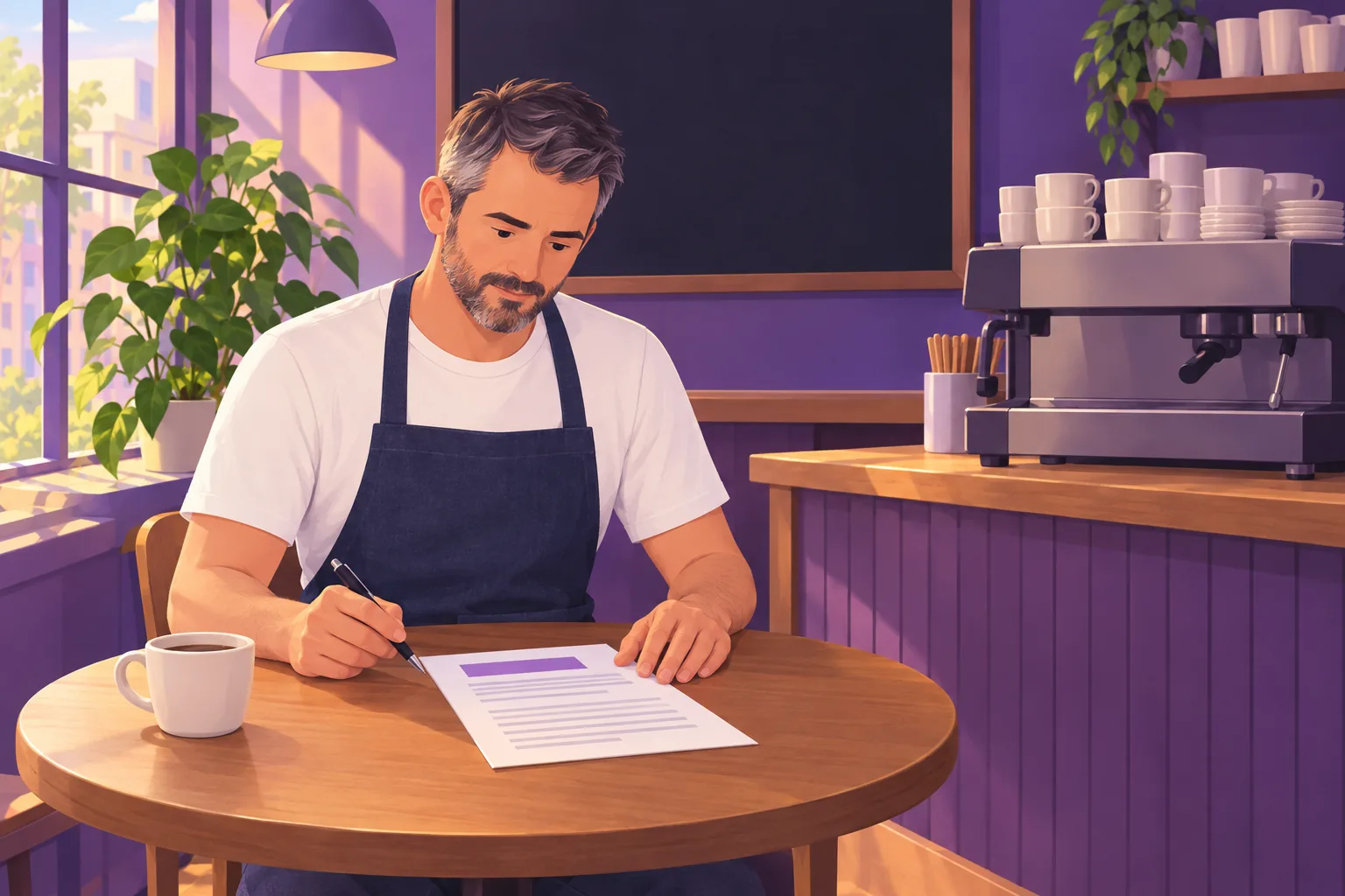 Cafe owner at a small table reading a printed document with a pen in hand, concentrating