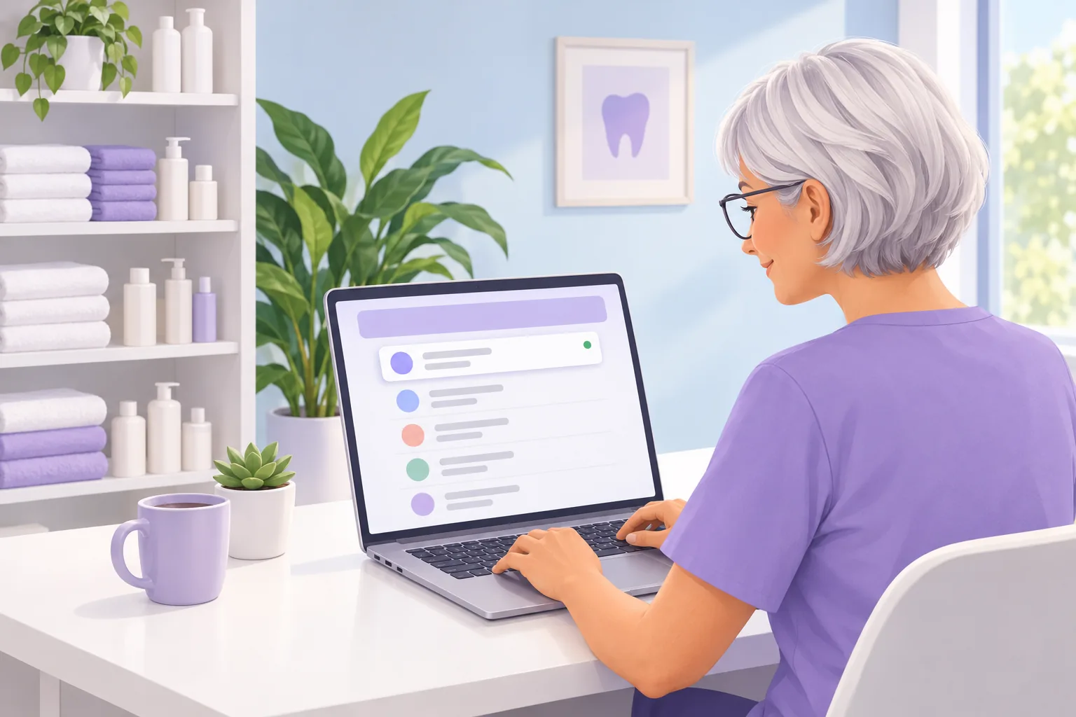 Dental receptionist at her front desk, seen over her shoulder, pinning a review row to the top of a list on her laptop
