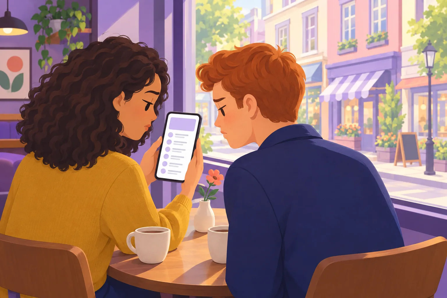 Two friends at a cafe table looking at a phone over one's shoulder, skeptical of a column of identical review cards