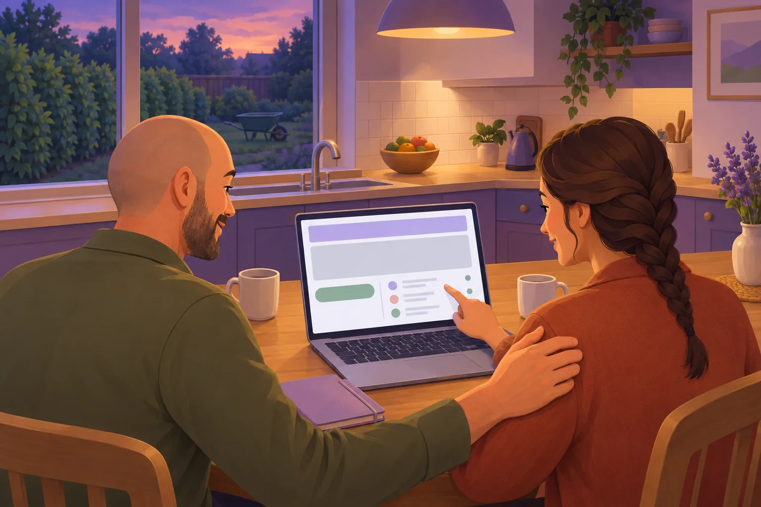 Landscaper couple at their kitchen table reviewing a finished webpage layout on a laptop, relieved and pleased