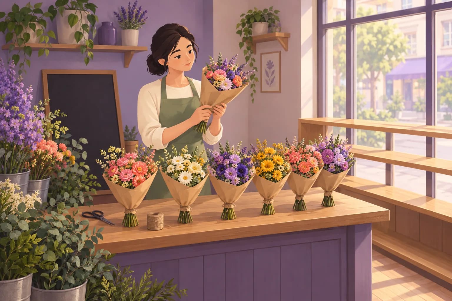Florist at her counter choosing which of a row of bouquets goes in the shop window