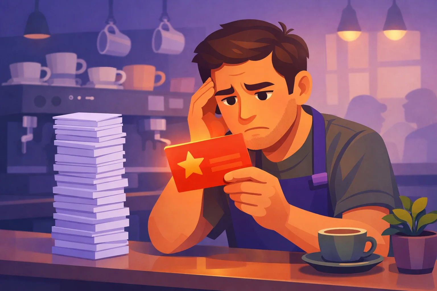 Business owner distracted by one large dramatic review card while many small identical cards pile up unnoticed beside it