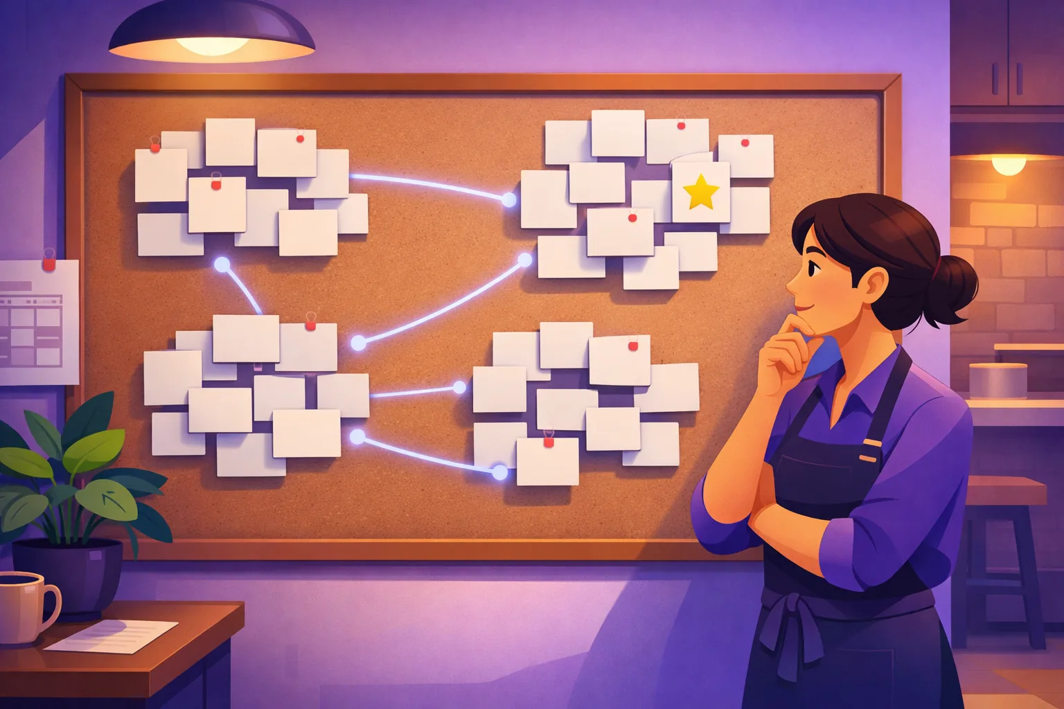 Owner studying a large board where review cards are grouped into four labeled clusters connected by soft glowing lines