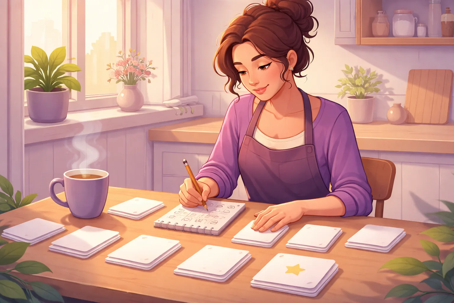 Owner at a kitchen table making tally marks on a notepad while sorting review cards into small labeled groups