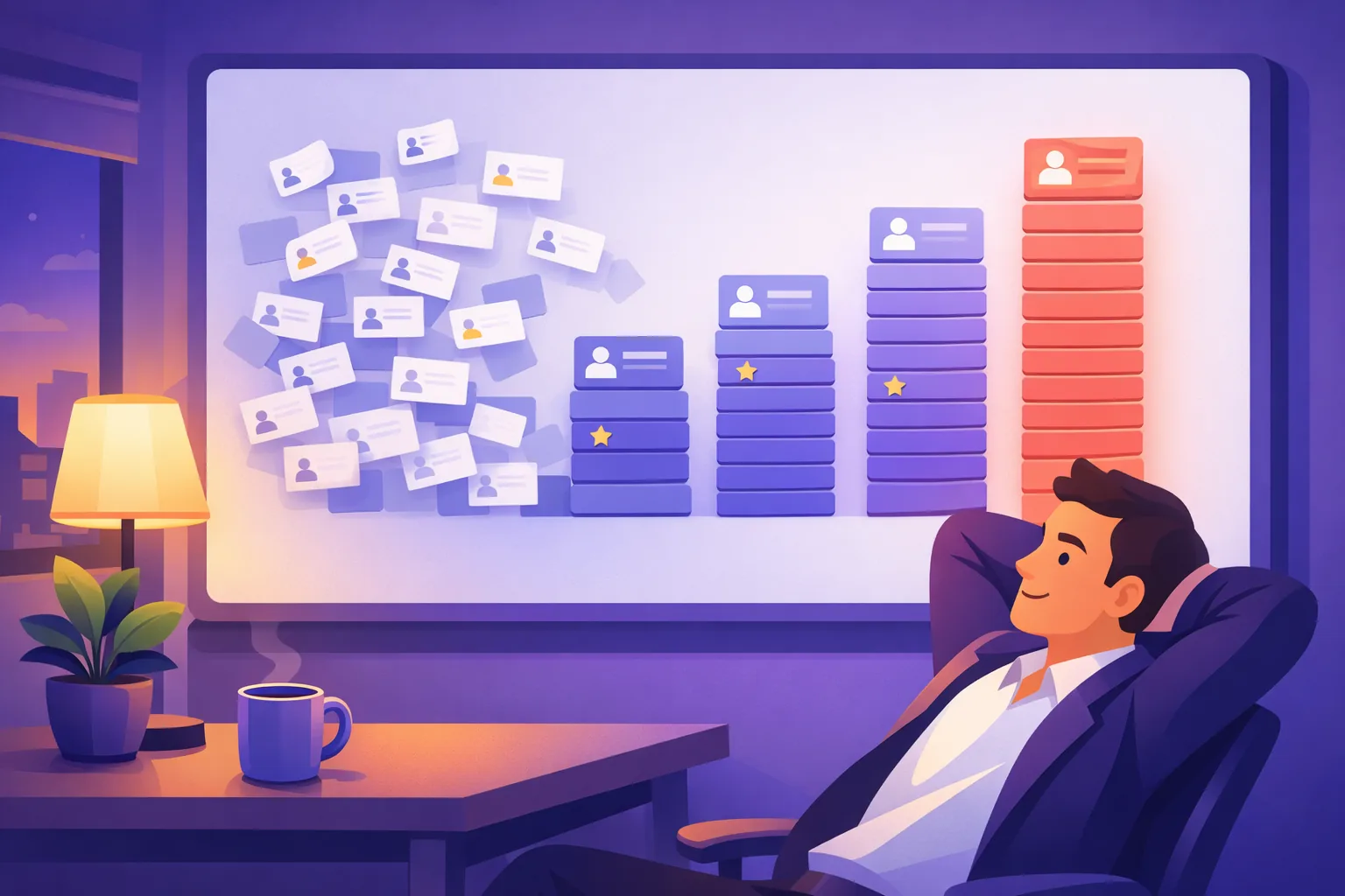 Relieved owner watching a screen where hundreds of scattered review cards organize themselves into clean ranked stacks