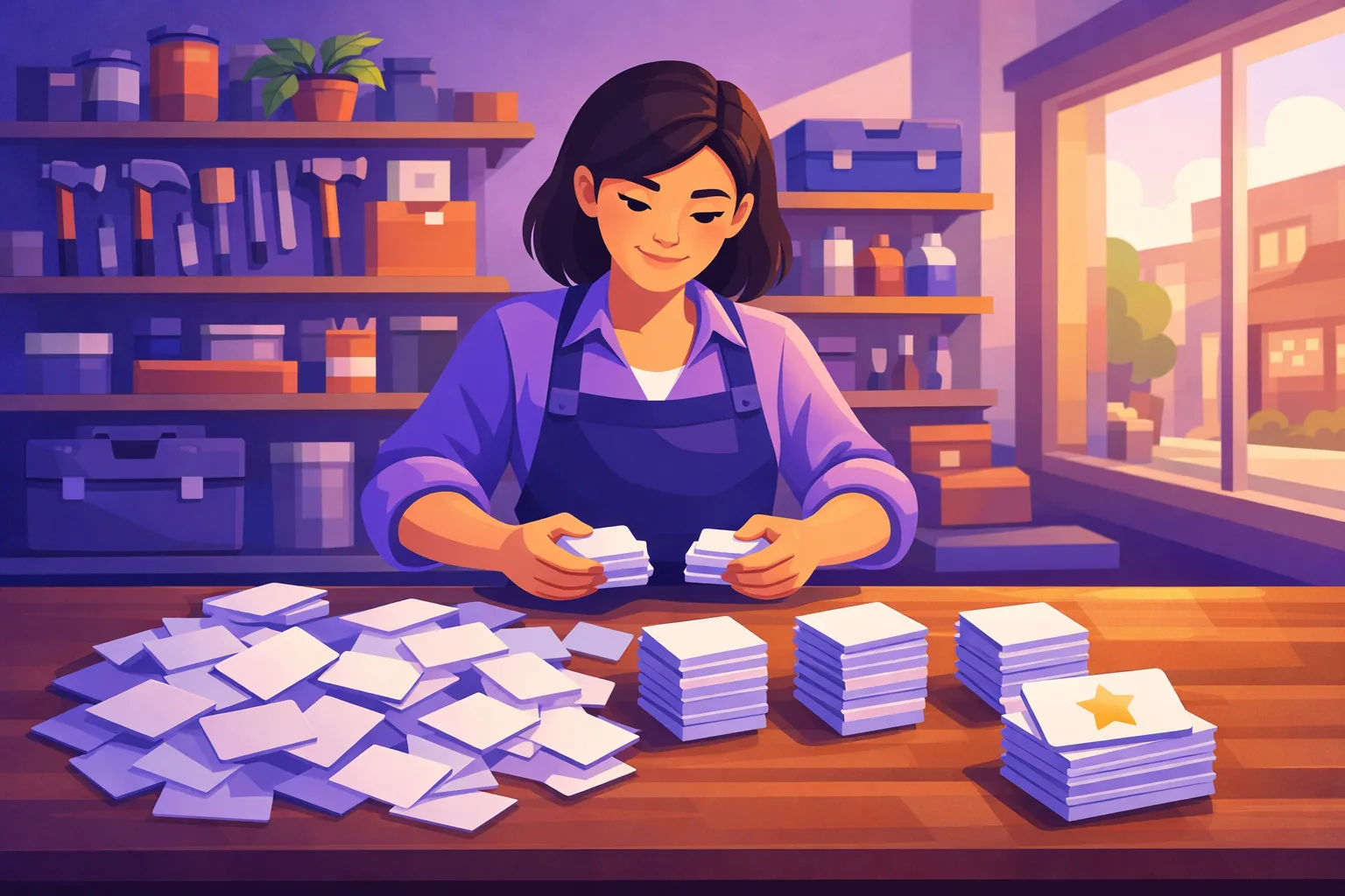 Small business owner sorting a large scattered pile of review cards into neat counted stacks on a table
