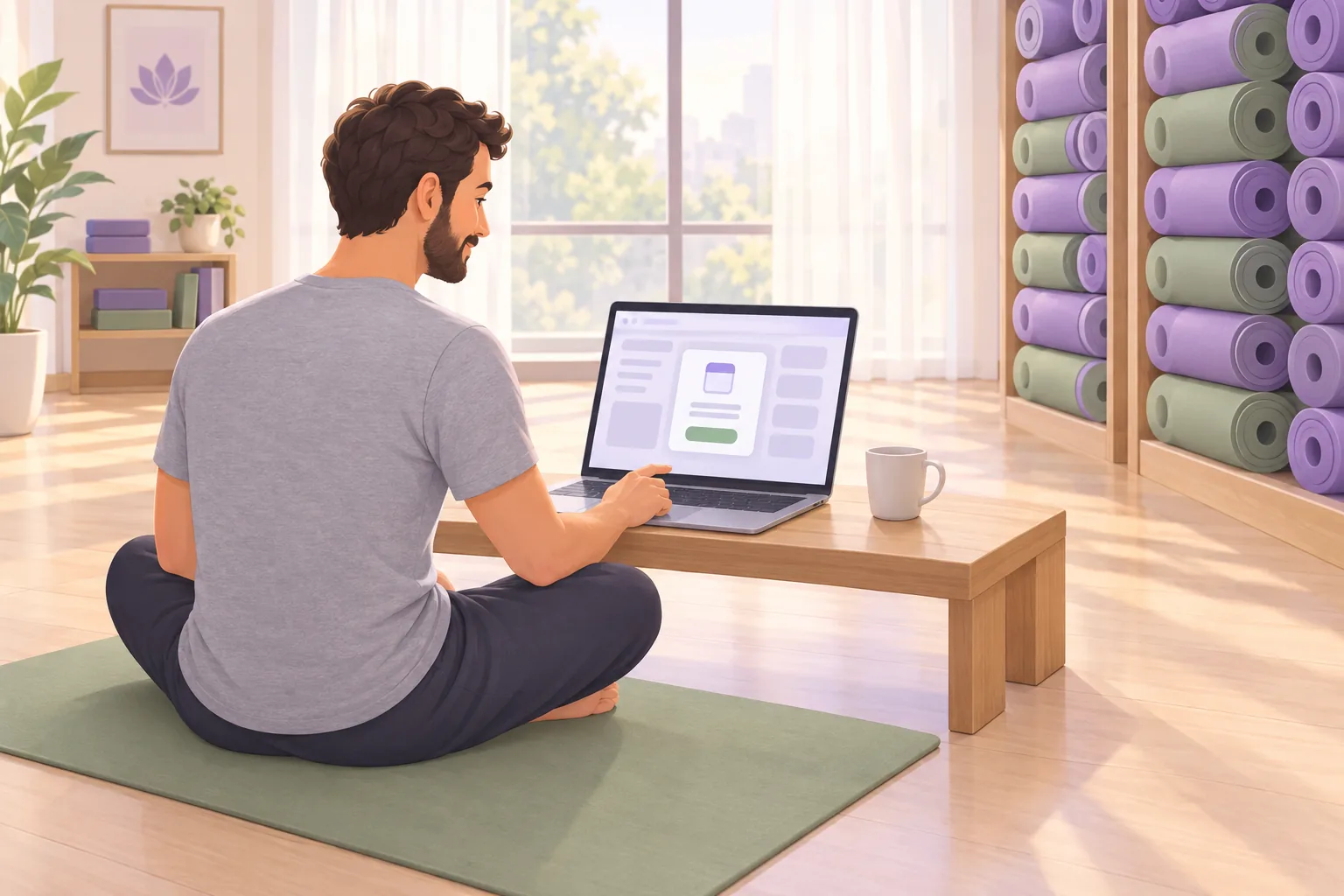 Yoga studio owner sitting on a mat in his empty studio, filling in an event post on his laptop