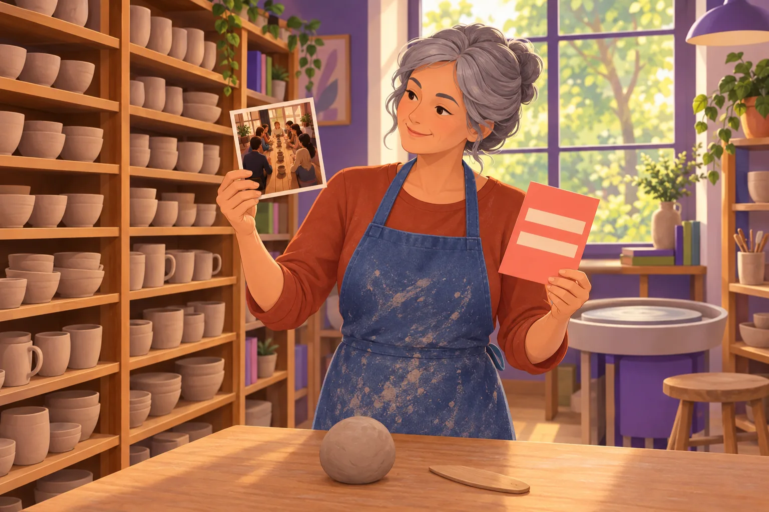 Potter at her worktable comparing a printed photo of a full workshop table with a text-heavy flyer