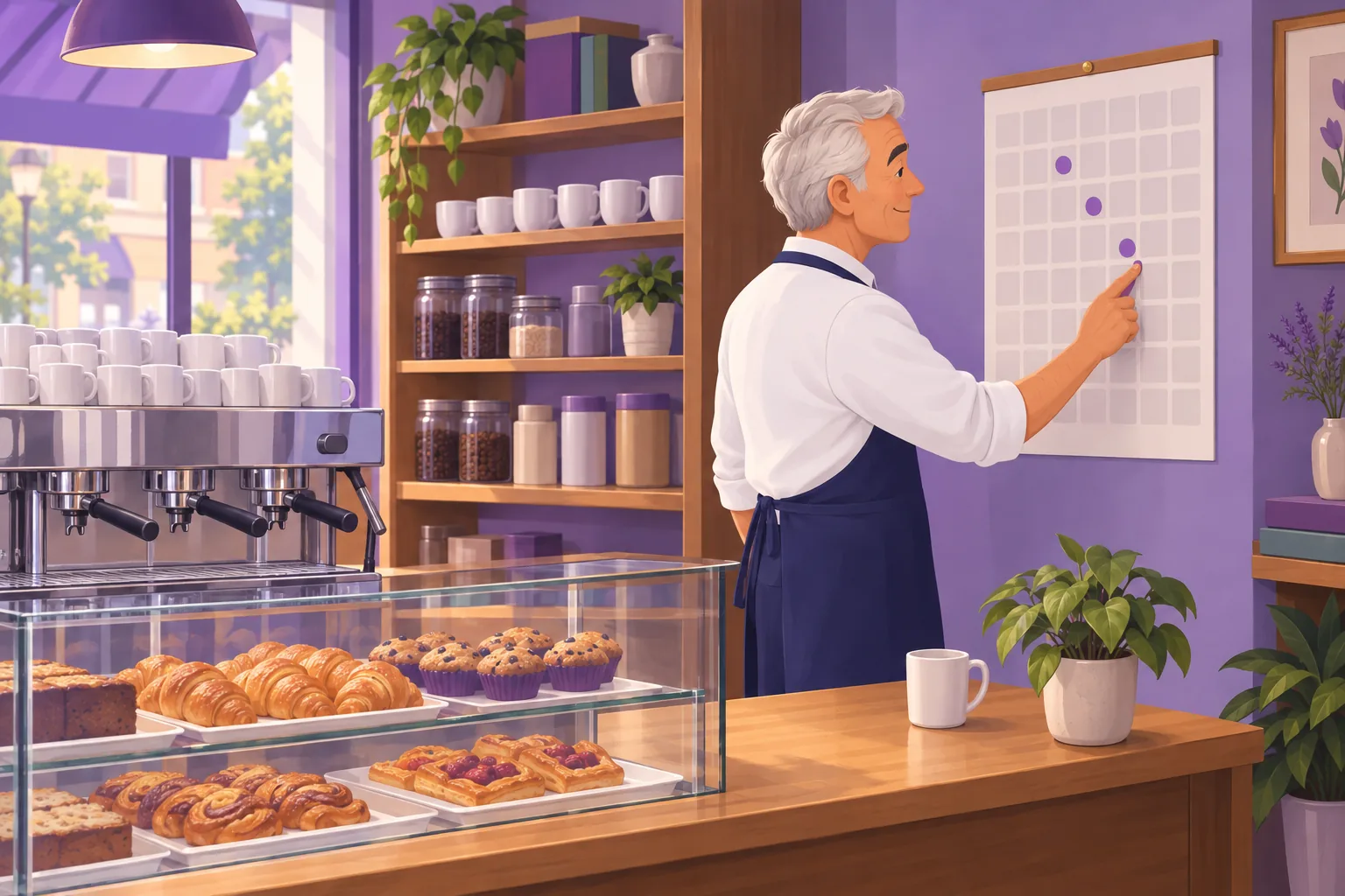 Cafe owner pressing the third of three violet stickers onto a blank wall calendar behind his counter