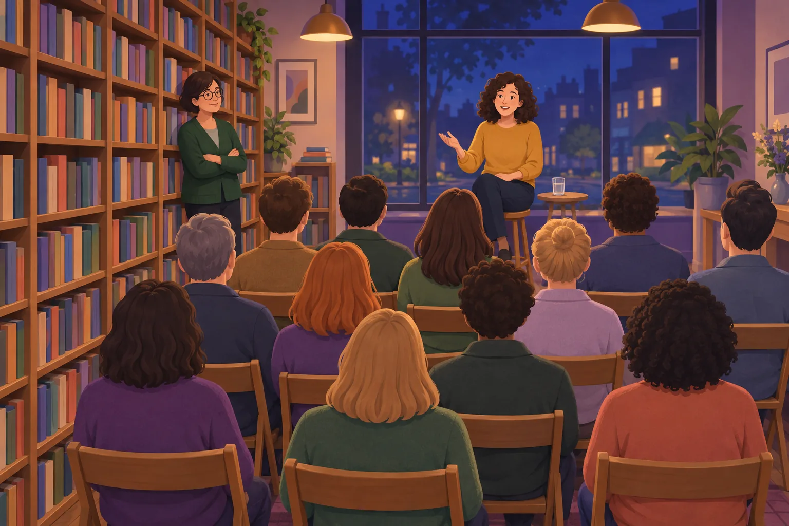 Full bookshop audience seen from behind, facing an author on a stool, the owner smiling by the shelves at the back