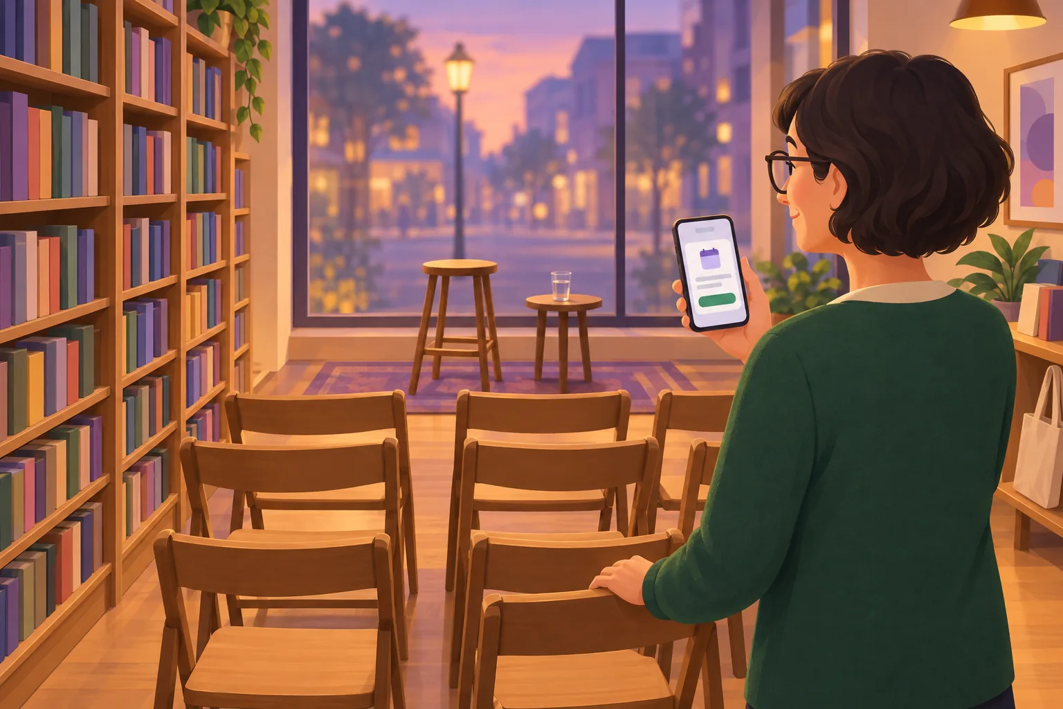 Bookshop owner standing by rows of empty folding chairs before an author evening, checking the event post on her phone