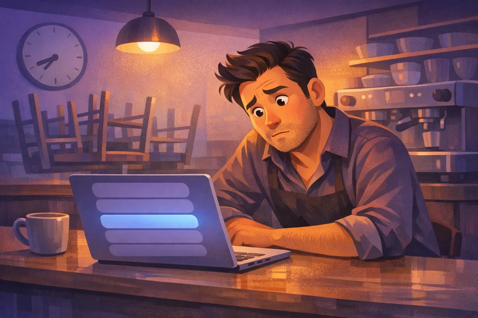 Cafe owner at his laptop noticing one row of his business listing glowing a different color from the rest