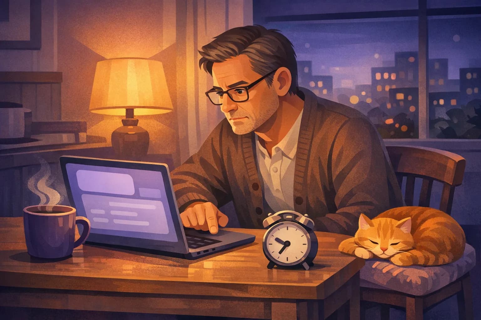 Shop owner at his kitchen table in the evening carefully correcting his business hours on a laptop