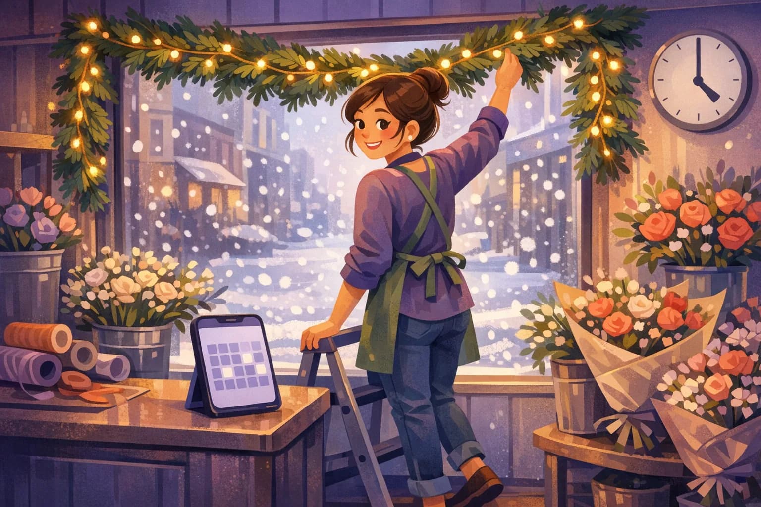 Florist setting up a holiday window display while her phone shows next season's schedule neatly planned