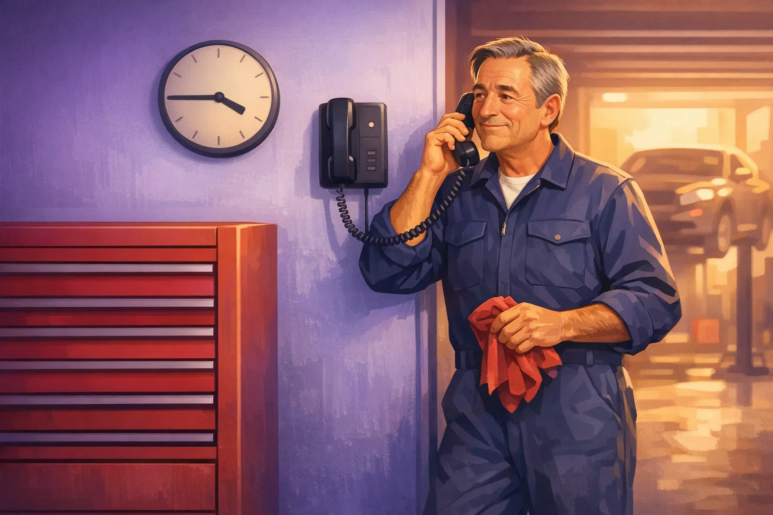 Mechanic in his garage answering the shop phone while wiping his hands on a rag