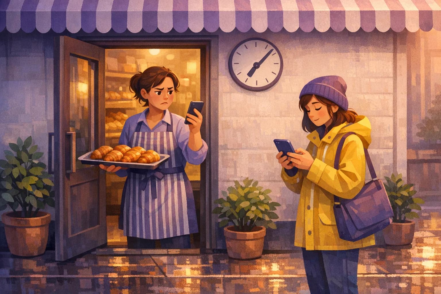 Confused bakery owner comparing her shop's real opening time against what Google shows on her phone