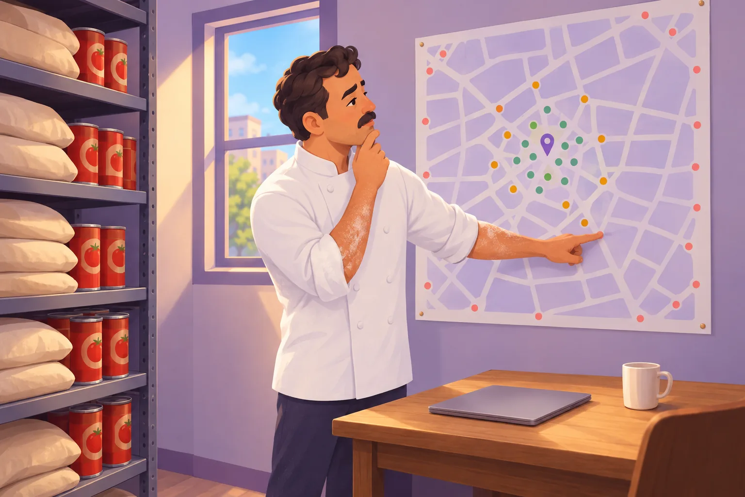 Pizzeria owner in his back office pointing at a coral dot on the edge of a wall map whose centre is covered in green dots