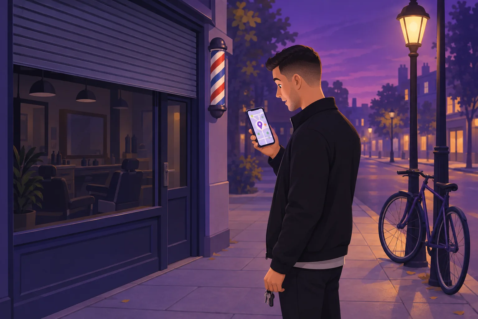 Barber locking up his dim shop at dusk, checking a map on his phone under a street lamp