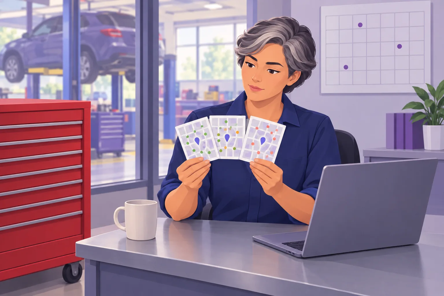 Mechanic at her desk fanning out three printed heatmap sheets side by side with a sticker-marked calendar on the wall behind her
