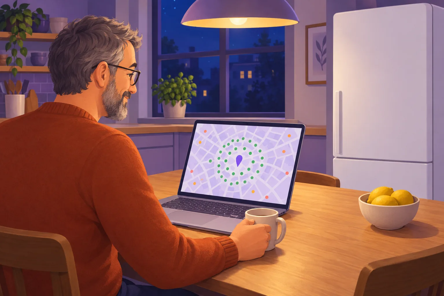 Cafe owner at his kitchen table at night, reassured, looking at a laptop map ringed with green dots and only a few amber dots at the edges
