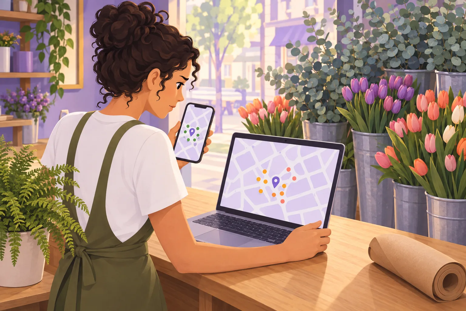 Florist behind her counter comparing a phone map and a laptop map that show different coloured dots around the same pin