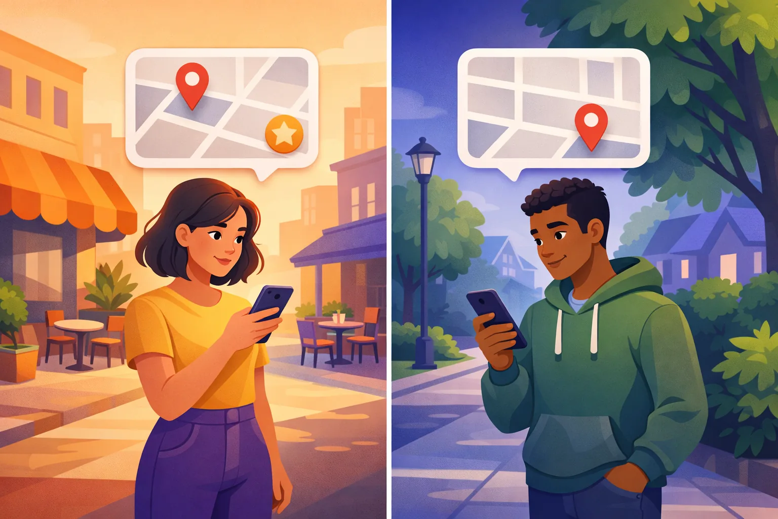 Two customers in different neighborhoods seeing different Google Maps results for the same search
