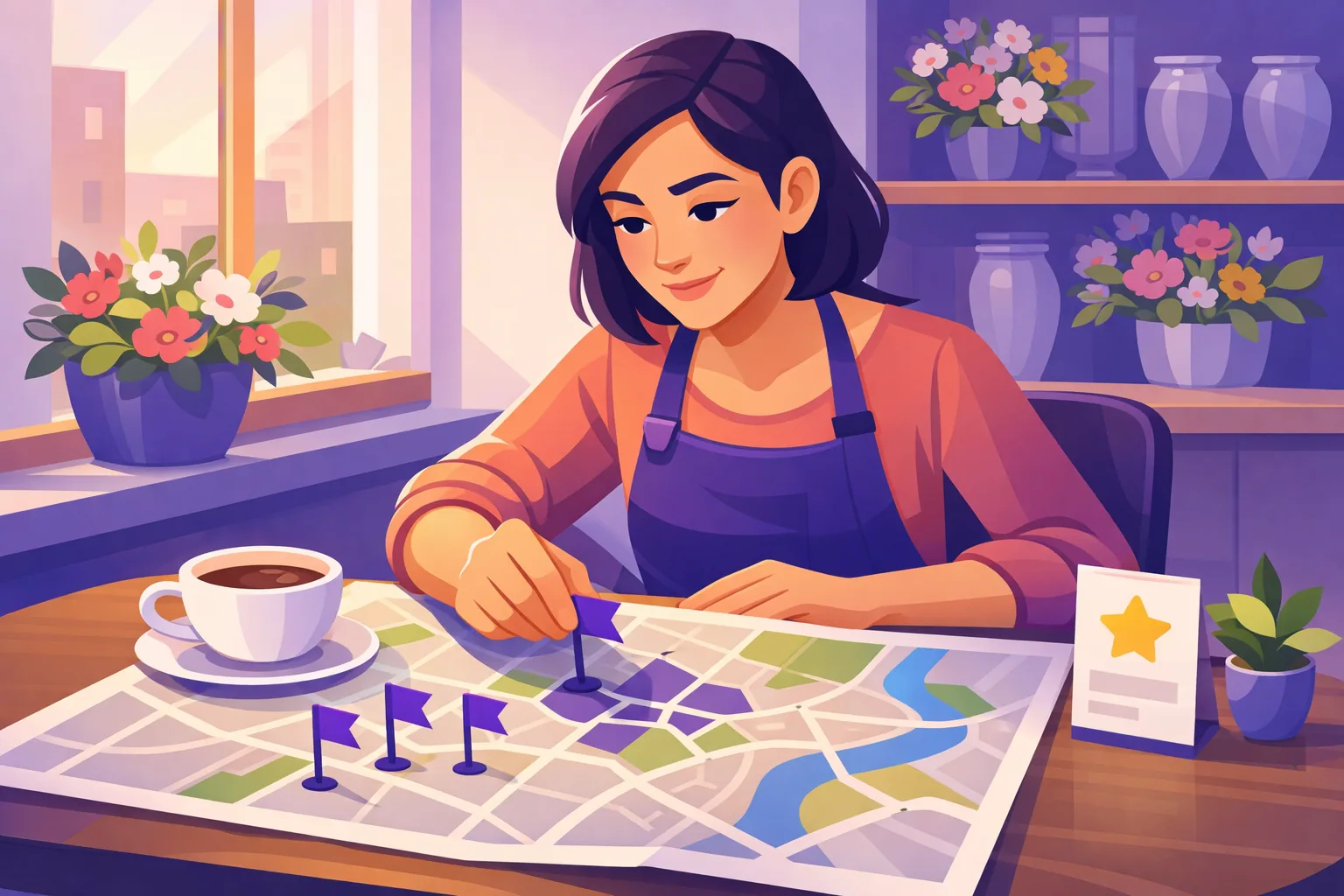 Business owner marking the neighborhoods worth winning on a map of her town