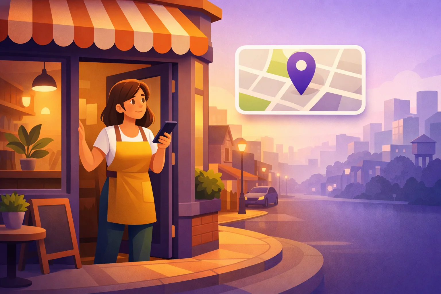 Shop owner checking her Google Maps ranking from her storefront while the far side of town fades into the distance