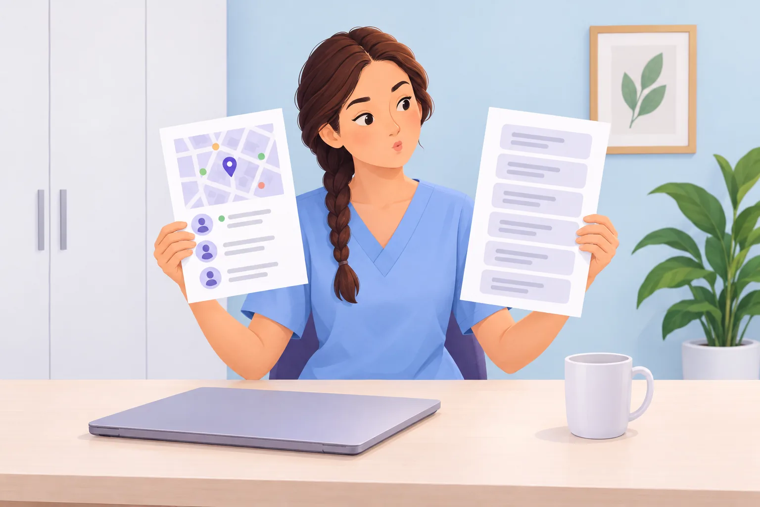 Dental office manager at the front desk comparing two printed sheets, one a map with three listings and one a plain column of results