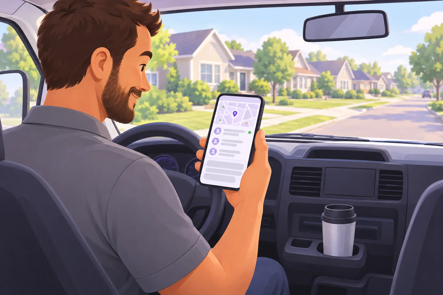 Plumber in his van cab checking his phone, where the top listing beside a map carries a small green dot