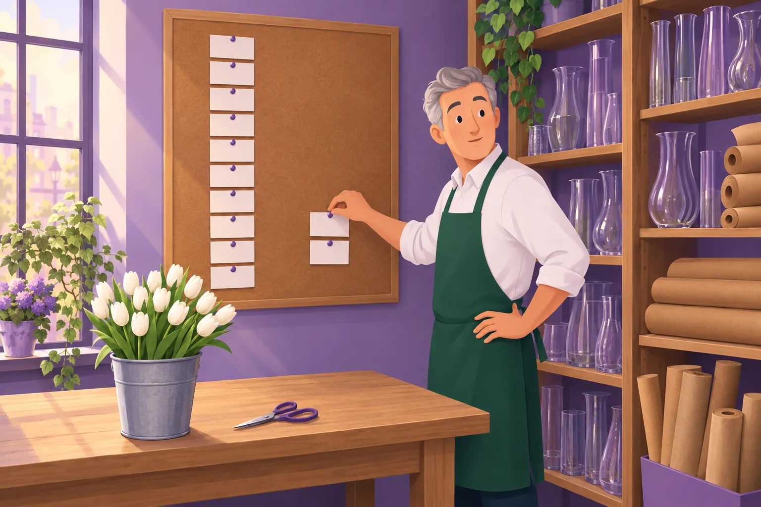 Florist pinning blank index cards to a corkboard in two columns, one tall and one very short, like a bar chart made of paper