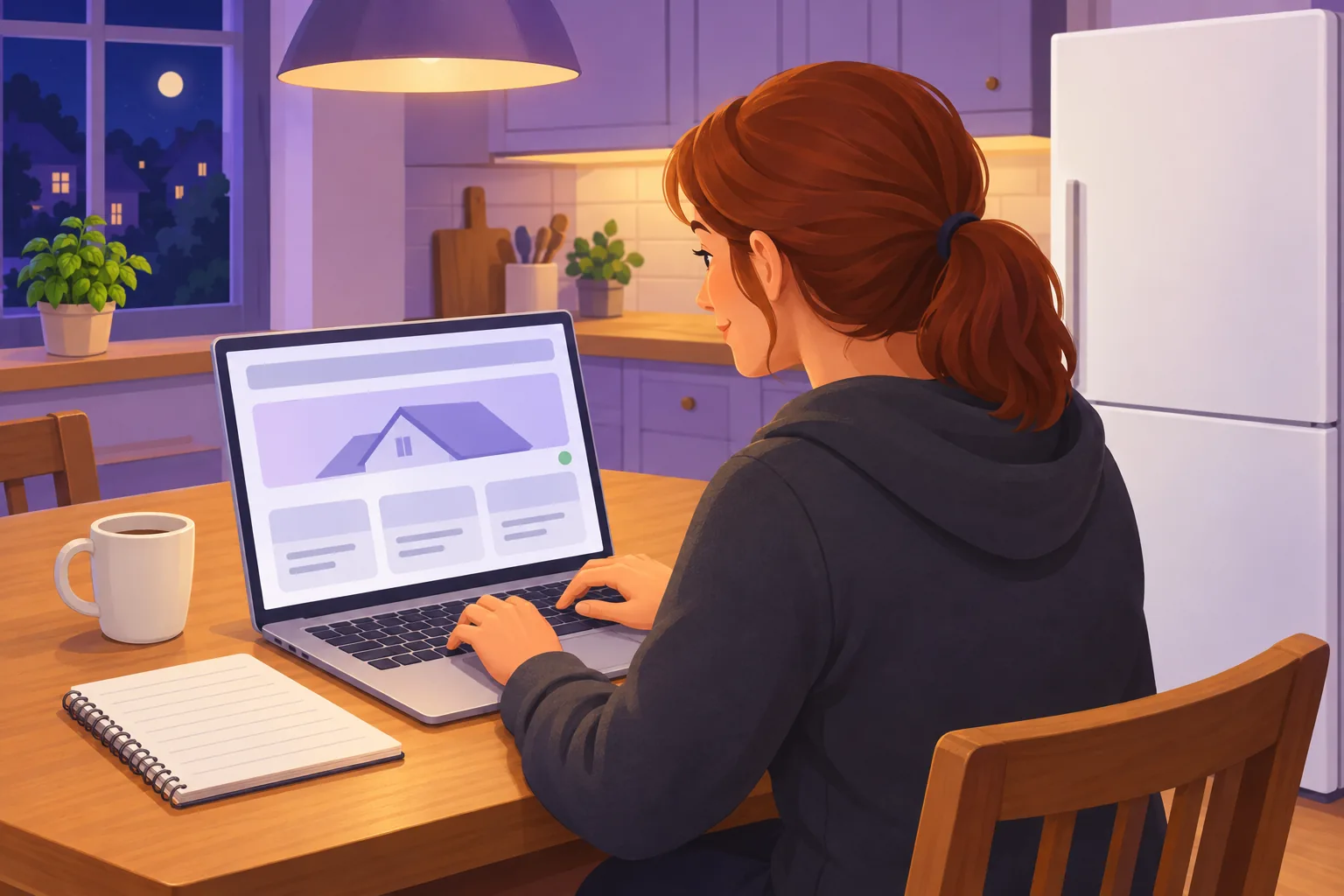 Roofing contractor at her kitchen table at night building a simple webpage with a roof picture and three service blocks