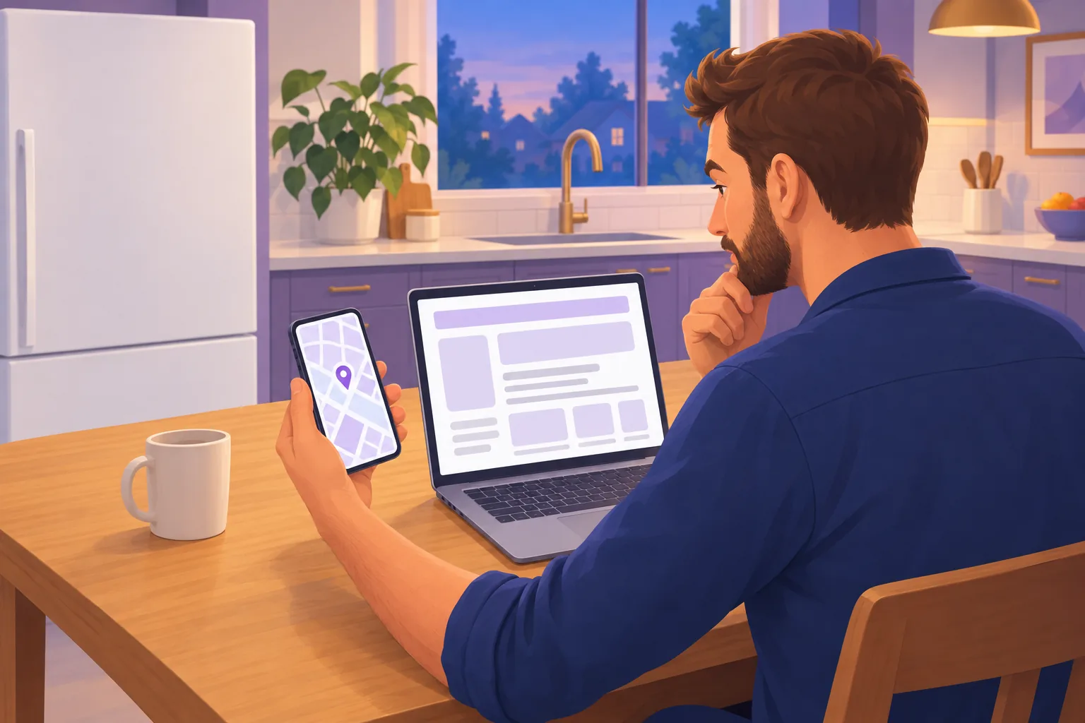 Plumber at his kitchen table comparing his phone and laptop side by side, checking Google against his own website
