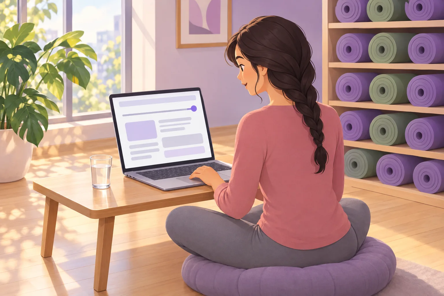 Yoga studio owner at her desk sliding a rating control on her website settings panel, seen over her shoulder