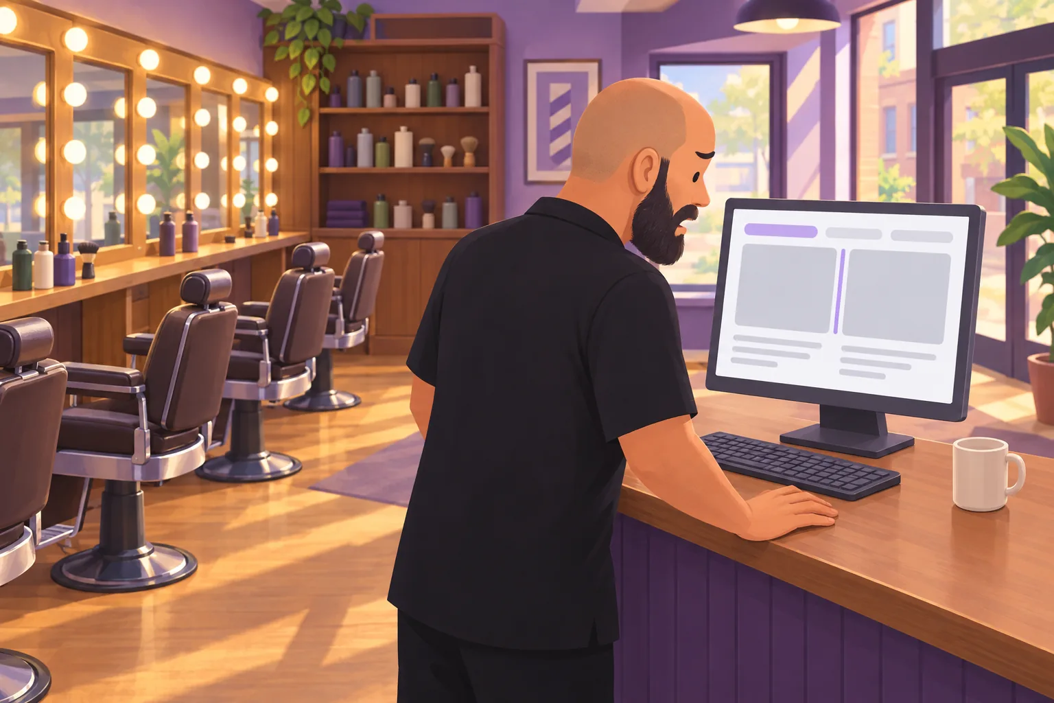 Barber in his shop looking at a monitor where a narrow lavender stripe is squeezed between two wide page blocks