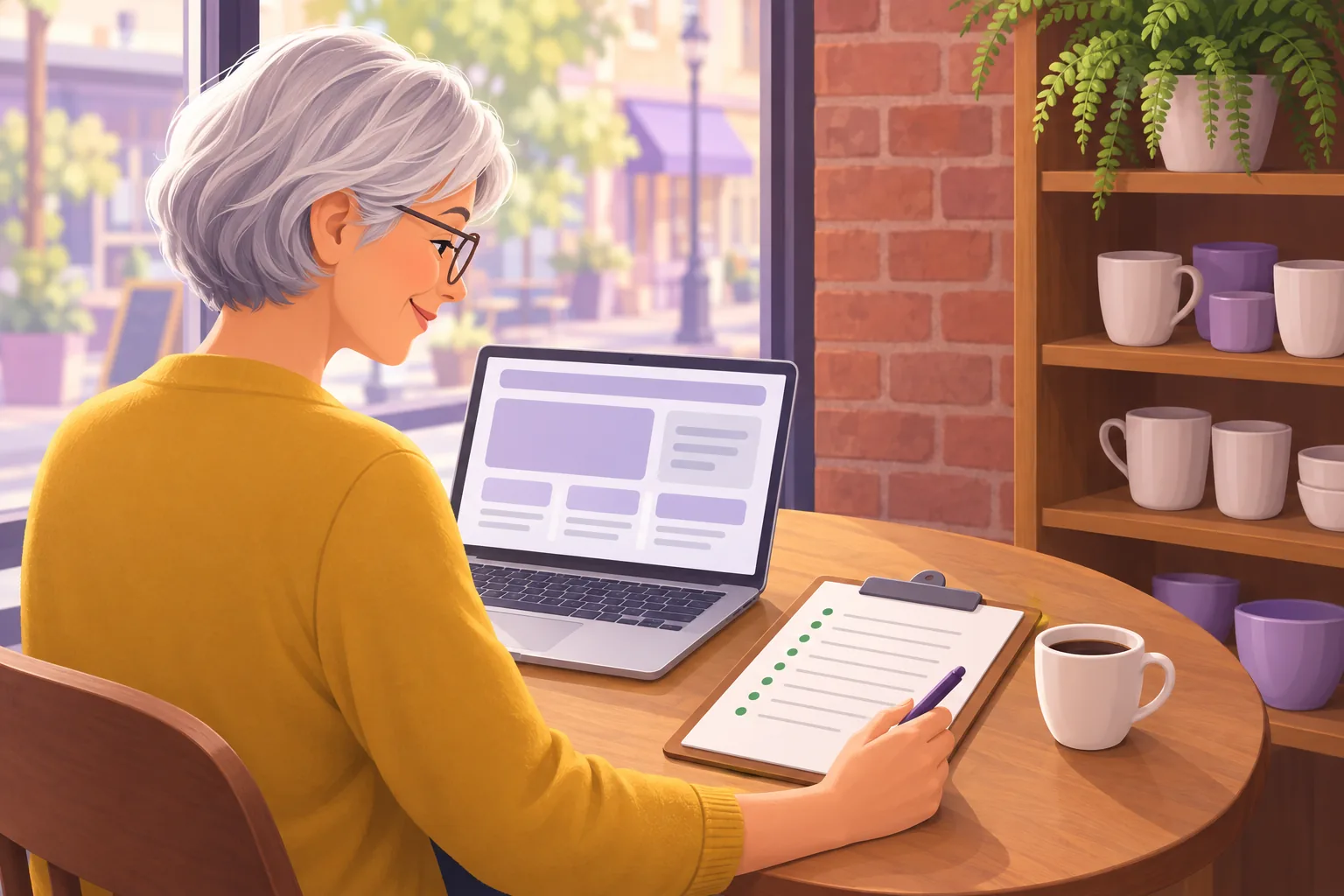 Cafe owner at a window table marking a short checklist on a clipboard beside her laptop, relieved