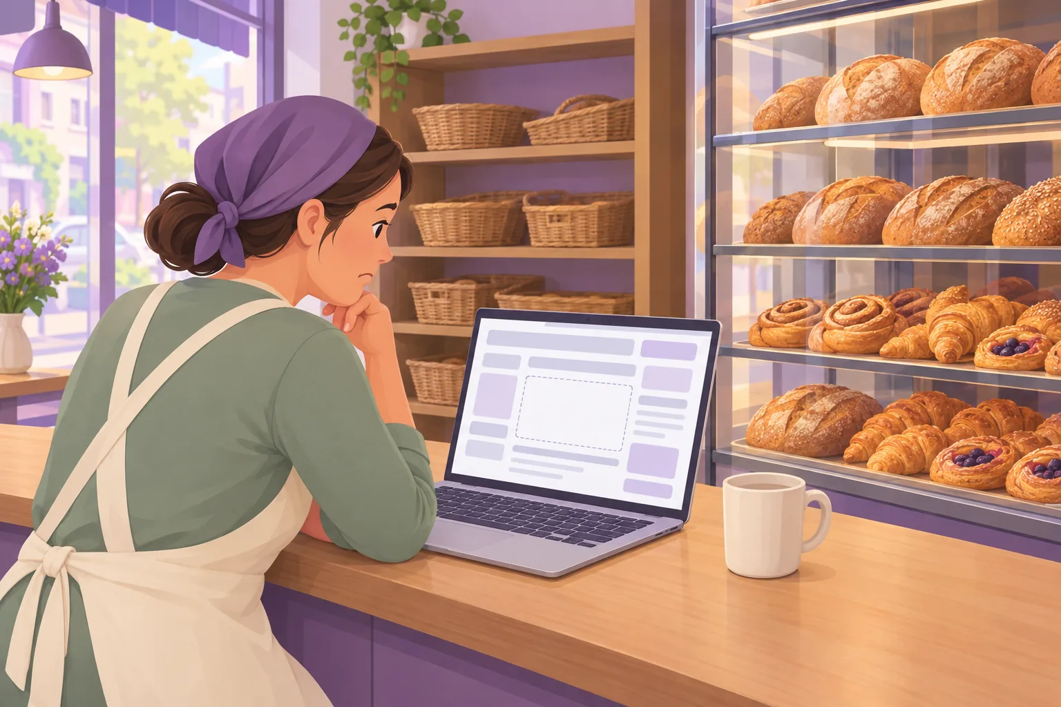 Bakery owner at her counter frowning at an empty reviews panel on her website, seen over her shoulder