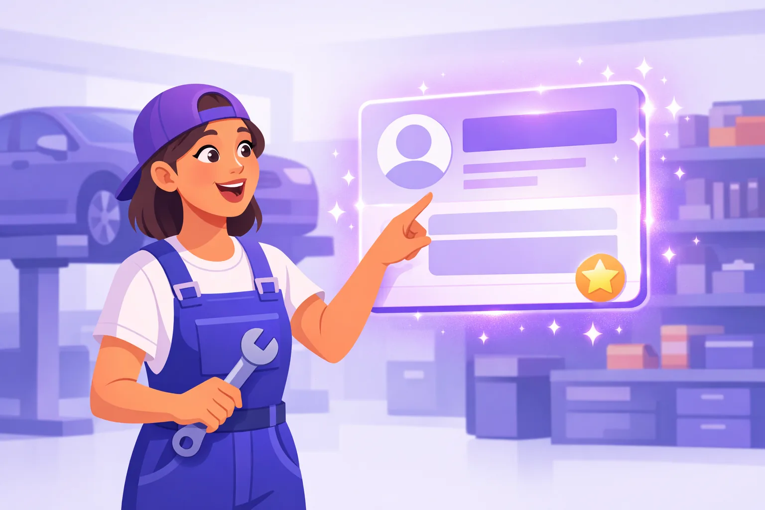 Mechanic updating a glowing business profile card in her garage as it brightens in response