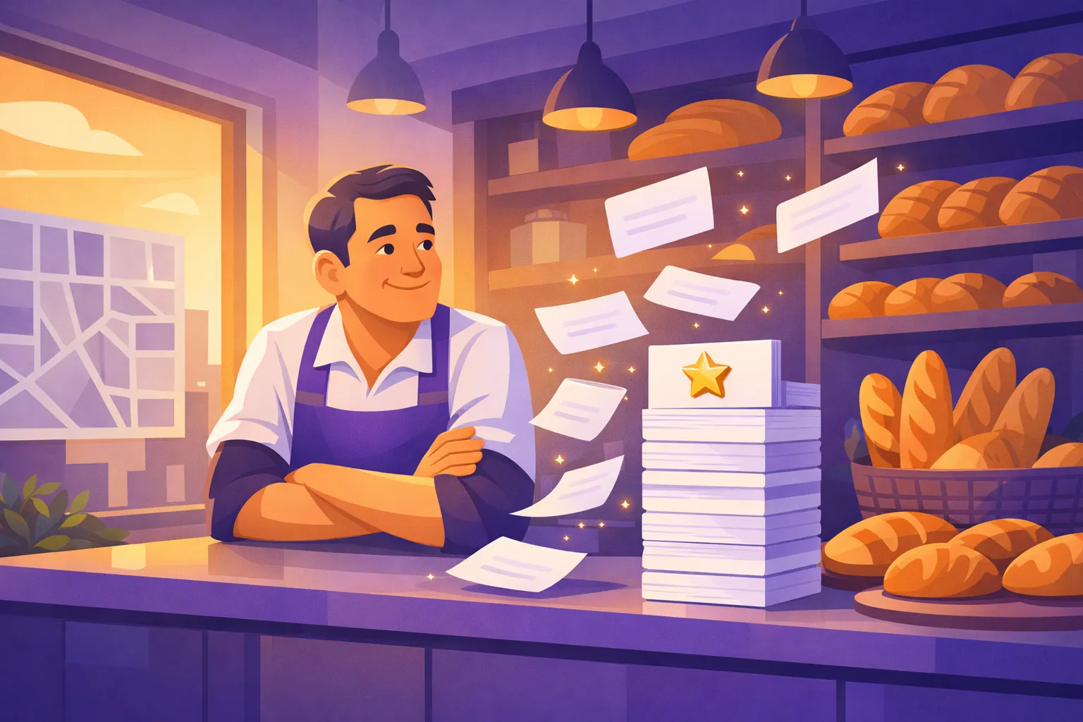 Bakery owner watching review cards drift in and settle into a growing stack through changing seasons outside her window