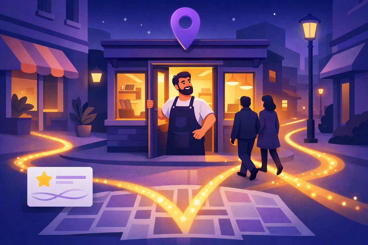 Shop owner noticing glowing footsteps of light from several directions converging on his front door at dusk