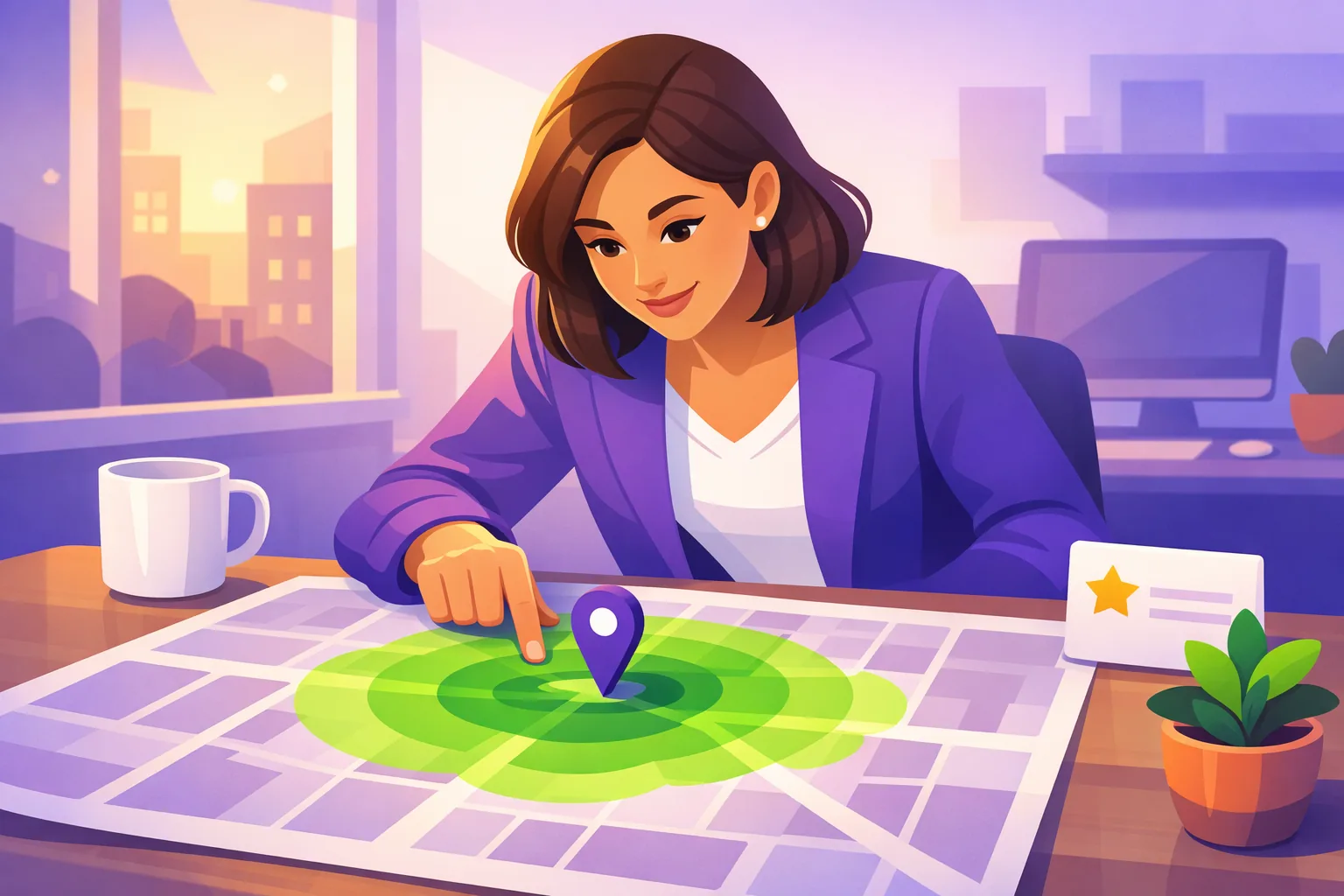Business owner reviewing a neighborhood map where soft green zones spread outward from her shop pin in morning light